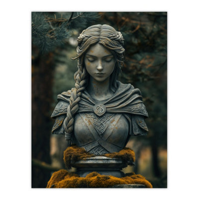 B&Q -  Unframed Wall Art Norse Shield Maiden Warrior Bust Statue In Forest12X16 Inch
