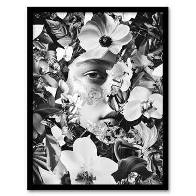 B&Q -  Framed Wall Art Spring Face Flower Blooms Black White Collage Print12X16 Inch