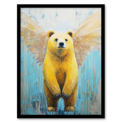 Artery8 Framed Wall Art Cute Yellow Bear With Angel Wings Oil Painting Print12X16 Inch from B&Q