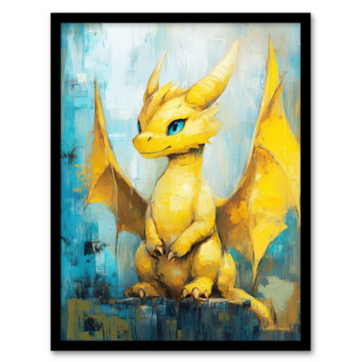 B&Q -  Cute Yellow Baby Dragon Fantasy Oil Painting Wall Art PrintA4 Size