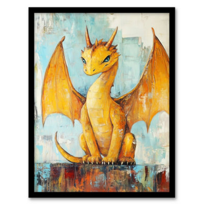 B&Q -  Framed Wall Art Cute Yellow Dragon With Big Wings Oil Painting Print12X16 Inch
