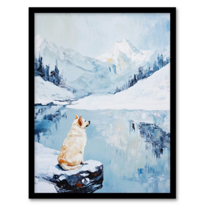 Artery8 Framed Wall Art Husky In Snowy Mountain Lake Landscape Dog Lover Print12X16 Inch from B&Q
