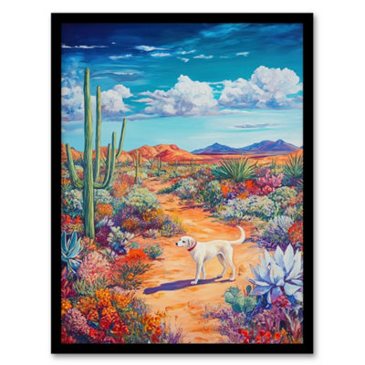 Artery8 Framed Wall Art White Labrador In Blooming Cacti Oasis Dog Lover Print12X16 Inch from B&Q