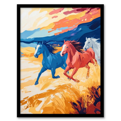 B&Q -  Framed Wall Art Wild Horses Running Desert Landscape Oil Painting Print12X16 Inch