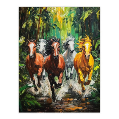 Artery8 Unframed Wall Art Wild Horses Galloping Through Forest Painting12X16 Inch from B&Q
