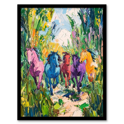 Artery8 Framed Wall Art Colourful Horses Running Through Forest Abstract Print12X16 Inch from B&Q