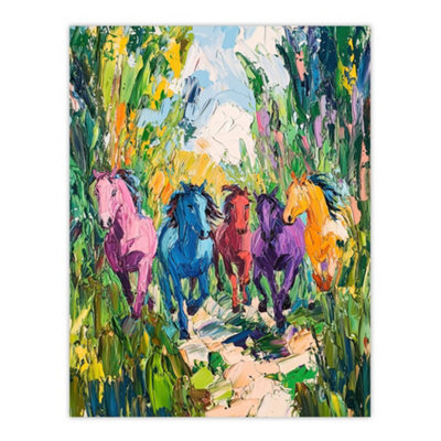 Artery8 Unframed Wall Art Colourful Horses Running Through Forest Abstract12X16 Inch from B&Q