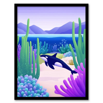 Artery8 Framed Wall Art Orca Whale Coastal Coral Reef Underwater Scene Print12X16 Inch from B&Q