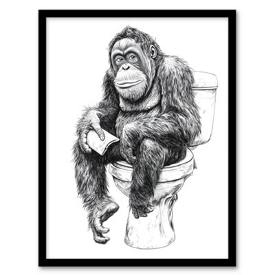 Artery8 Orangutan Ape On Toilet Funny Black White Drawing Wall Art PrintA4 Size