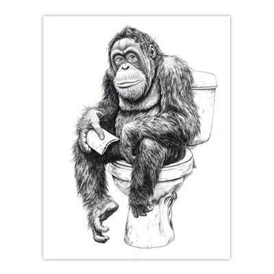 Artery8 Unframed Wall Art Orangutan Ape On Toilet Funny Black White Drawing12X16 Inch