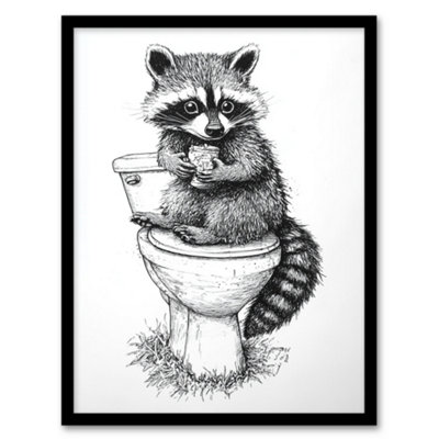 B&Q -  Cute Raccoon On Toilet Funny Black White Drawing Wall Art PrintA4 Size