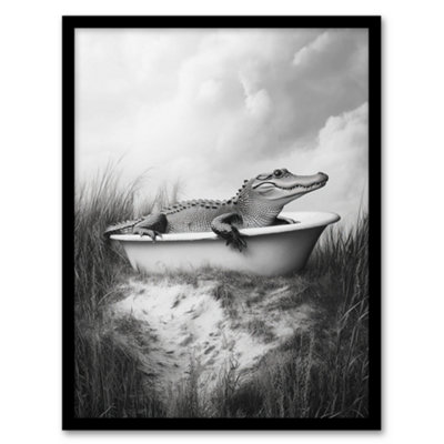 Artery8 Framed Wall Art Cute Alligator In Bathtub Black White Fun Cheeky Print12X16 Inch from B&Q