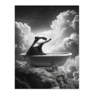 Artery8 Unframed Wall Art Badger In Bathtub On A Mountain Cliff Black White12X16 Inch from B&Q