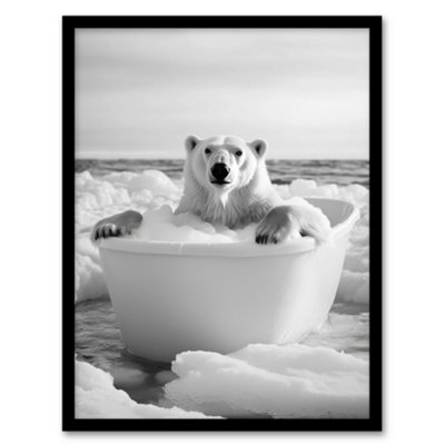Artery8 Framed Wall Art Polar Bear In Bathtub Black White Arctic Seascape Print12X16 Inch from B&Q