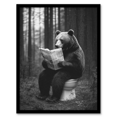 Artery8 Grizzly Bear Toilet Newspaper Black White Forest Wall Art PrintA4 Size from B&Q