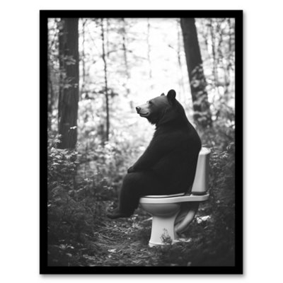 Artery8 Framed Wall Art Grizzly Bear Toilet Black White Forest Landscape Print12X16 Inch from B&Q