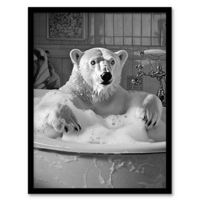 Artery8 Framed Wall Art Polar Bear Bathtub Bubble Bath Black White Funny Print12X16 Inch from B&Q