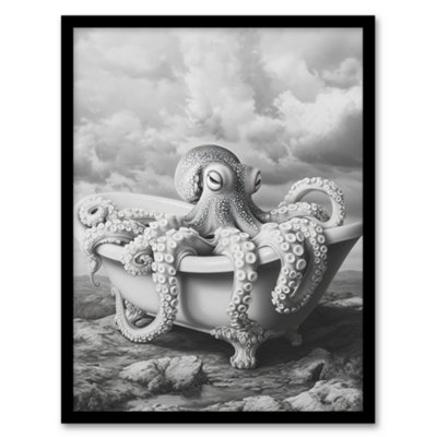 Artery8 Giant Octopus Bathtub Black White Mountain Cliff Wall Art PrintA4 Size from B&Q