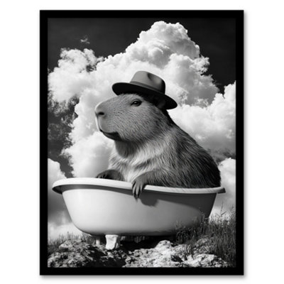 Artery8 Capybara With Hat In Bathtub Black White Surreal Wall Art PrintA4 Size from B&Q