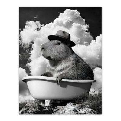 Artery8 Unframed Wall Art Capybara With Hat In Bathtub Black White Surreal12X16 Inch from B&Q