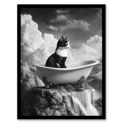 Artery8 Framed Wall Art Cat Lover Kitten Bathtub Waterfall Cliff Surreal Print12X16 Inch from B&Q