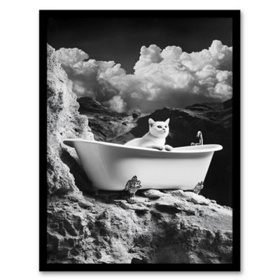 Artery8 Framed Wall Art Cat Lover Pet Bathtub On Mountain Cliff Surreal Print12X16 Inch from B&Q