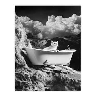 Artery8 Unframed Wall Art Cat Lover Pet Bathtub On Mountain Cliff Surreal12X16 Inch from B&Q