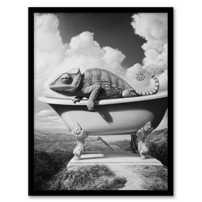 Artery8 Framed Wall Art Large Chameleon In Bathtub Black White Surreal Print12X16 Inch from B&Q