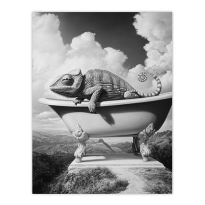 Artery8 Unframed Wall Art Large Chameleon In Bathtub Black White Surreal12X16 Inch from B&Q