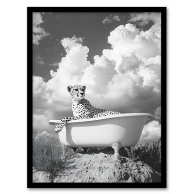 Artery8 Framed Wall Art Cheetah In Bathtub Black White Desert Surreal Print12X16 Inch from B&Q