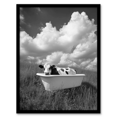 Artery8 Framed Wall Art Cow In Bathtub In A Field Black White Surreal Print12X16 Inch from B&Q