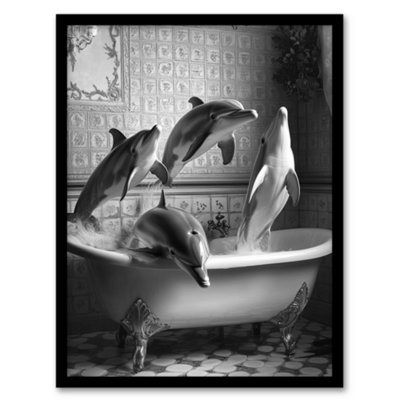 Artery8 Framed Wall Art Dolphins Playing In Bathtub Black White Surreal Print12X16 Inch from B&Q