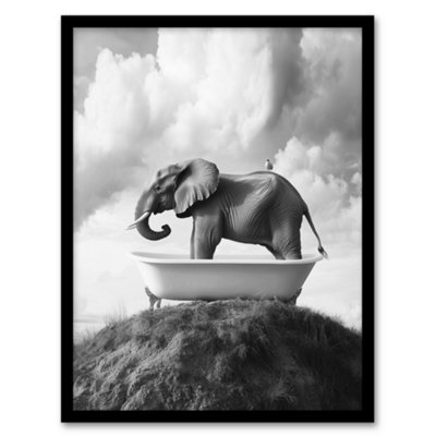 Artery8 Elephant In Bathtub On A Hill Black White Surreal Wall Art PrintA4 Size from B&Q