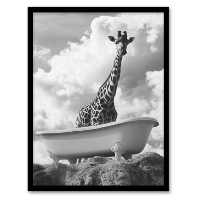 Artery8 Framed Wall Art Giraffe In Bathtub On A Hill Black White Surreal Print12X16 Inch from B&Q