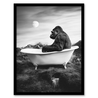 Artery8 Framed Wall Art Gorilla Ape In Bathtub Black White Valley Surreal Print12X16 Inch from B&Q