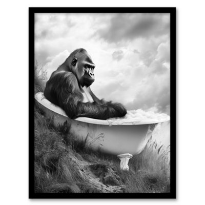 Artery8 Gorilla Bubble Bath Bathtub Black White Surreal Wall Art PrintA4 Size from B&Q
