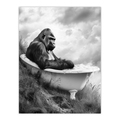 Artery8 Unframed Wall Art Gorilla Bubble Bath Bathtub Black White Surreal12X16 Inch from B&Q