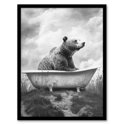 B&Q -  Framed Wall Art Bear Bath In Mountain Bathtub Black White Surreal Print12X16 Inch