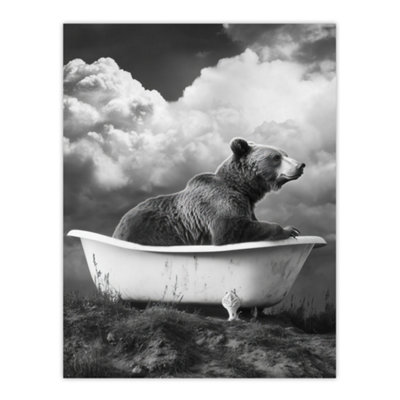 Artery8 Unframed Wall Art Surreal Bear In Bathtub Black White Bath Time12X16 Inch from B&Q