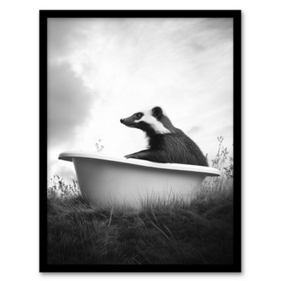 Artery8 Framed Wall Art Honey Badger In Bathtub Black White Surreal Print12X16 Inch from B&Q