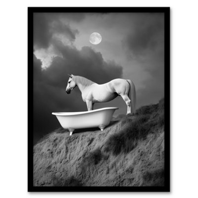 Artery8 Framed Wall Art Horse Bathtub Full Moon Cliff Surreal Black White Print12X16 Inch from B&Q