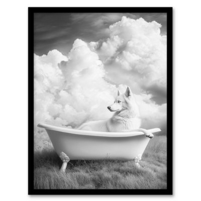 Artery8 Framed Wall Art Husky In A Bathtub On Field Black White Surreal Print12X16 Inch from B&Q