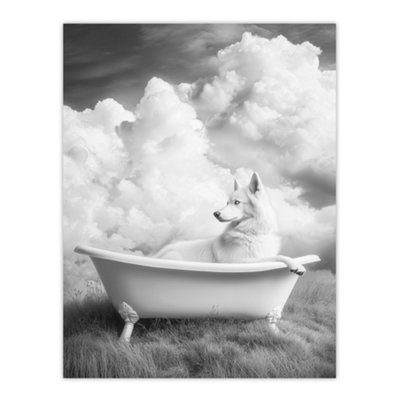 Artery8 Unframed Wall Art Husky In A Bathtub On Field Black White Surreal12X16 Inch from B&Q