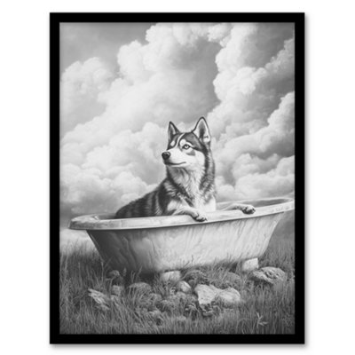 Artery8 Husky Bath Time Bathtub Black White Surreal Wall Art PrintA4 Size from B&Q