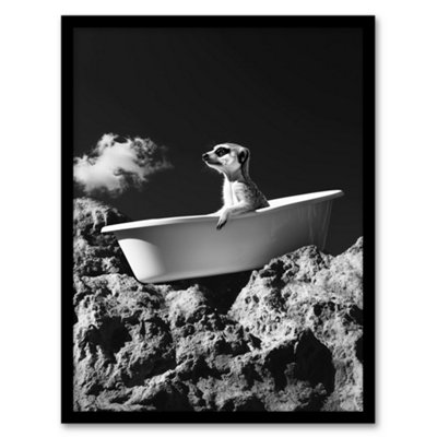 Artery8 Framed Wall Art Meerkat In Bathtub On A Rock Black White Surreal Print12X16 Inch from B&Q