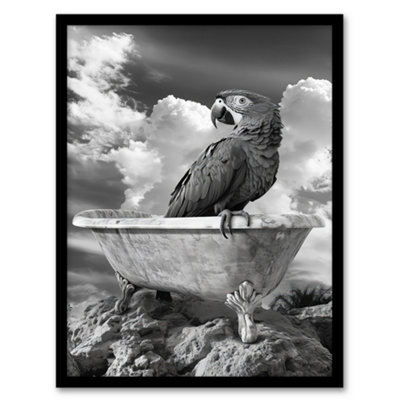 Artery8 Framed Wall Art Macaw Parrot Bird On Bathtub Black White Surreal Print12X16 Inch from B&Q