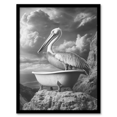 Artery8 Framed Wall Art Pelican Bird In Bathtub Black White Cliff Surreal Print12X16 Inch from B&Q