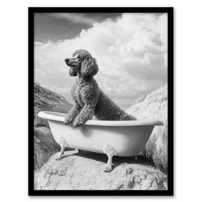Artery8 Surreal Dog Lover Black White Poodle In Bathtub Wall Art PrintA4 Size from B&Q