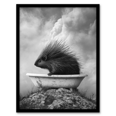 Artery8 Framed Wall Art Cute Porcupine In Bathtub Black White Surreal Print12X16 Inch from B&Q
