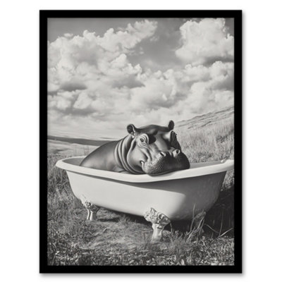 Artery8 Framed Wall Art Baby Hippo In Bathtub Black White Surreal Print12X16 Inch from B&Q